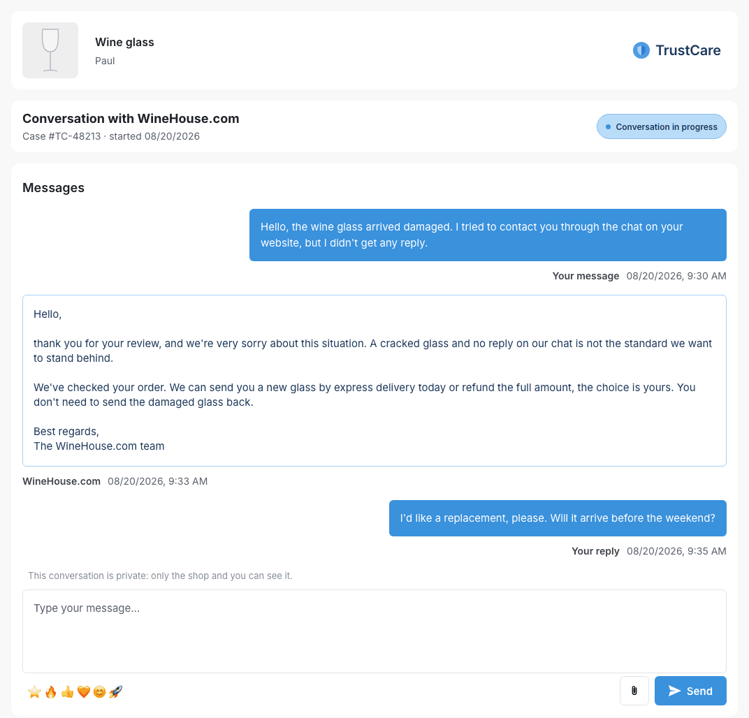 TrustCare conversation page with messages from the customer and the shop