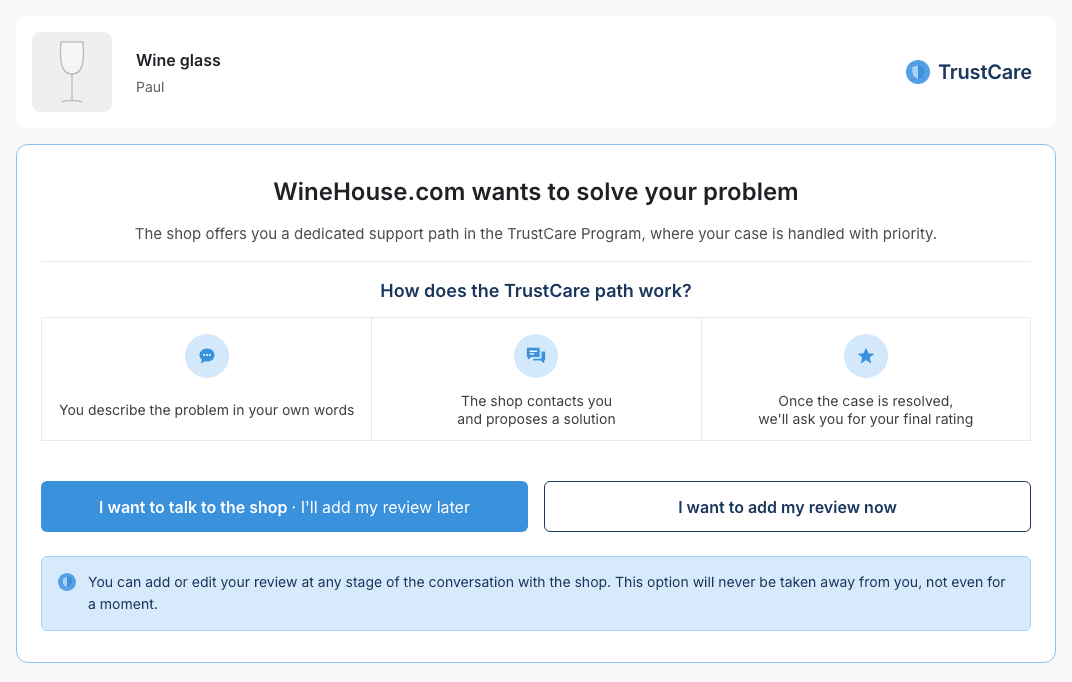 Form where the customer chooses a TrustCare conversation instead of a review