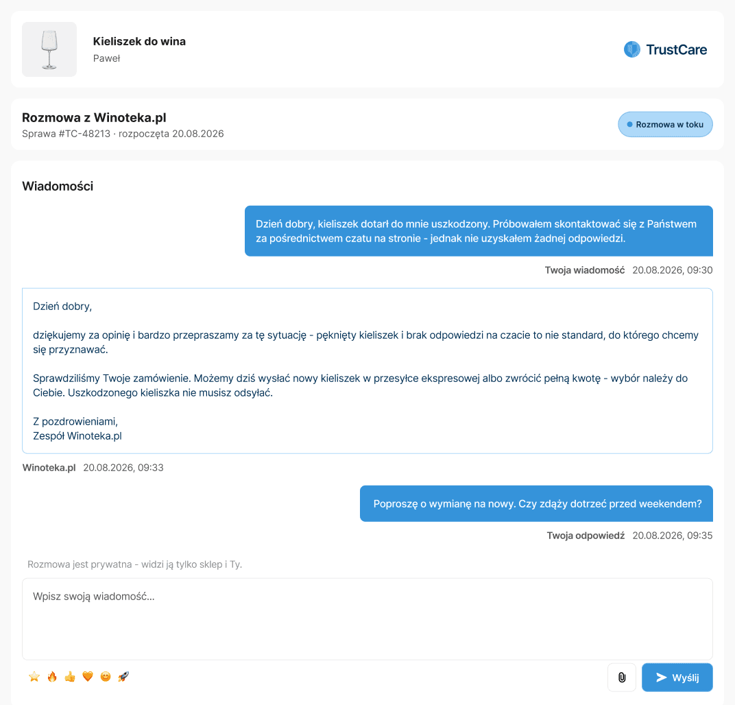 Strona rozmowy TrustCare z wiadomościami klienta i sklepu